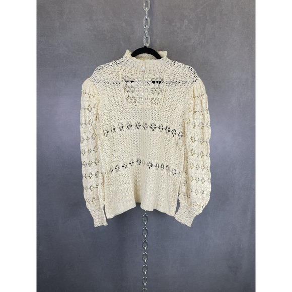 Vintage 1960s Ivory Crochet Puff Sleeve Collared LS Top - Picture 3 of 9